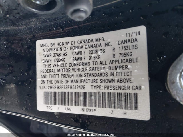 Honda CIVIC SE 2015 2HGFB2F73FH512426 Image 9