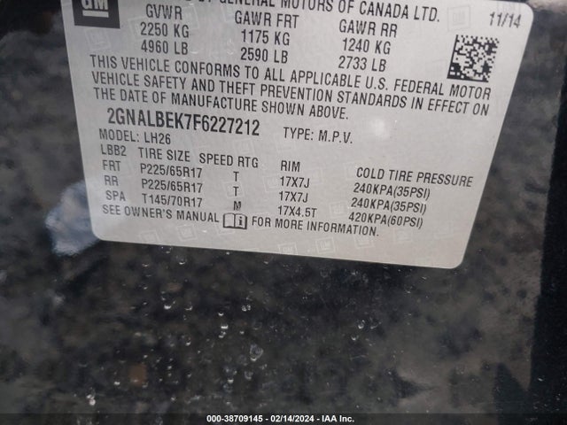2015 CHEVROLET EQUINOX 1LT VIN: 2GNALBEK7F6227212