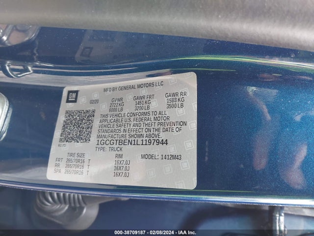 38709187 :رقم المزاد ، 1GCGTBEN1L1197944 vin ، 2020 Chevrolet Colorado 4wd  Short Box Wt مزاد بيع
