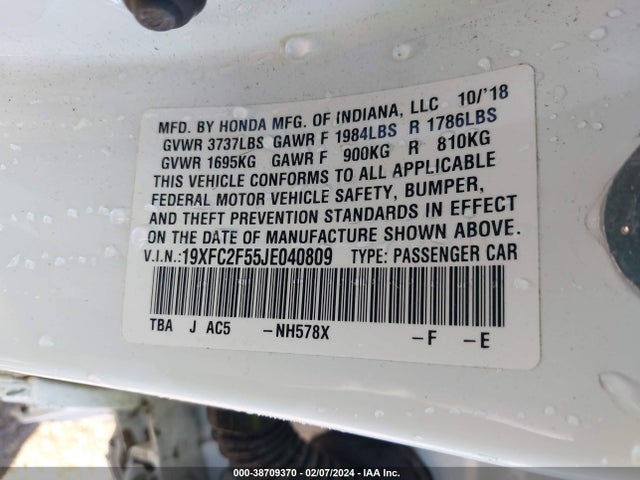 Honda Civic Lx 2018 19XFC2F55JE040809 Image 9
