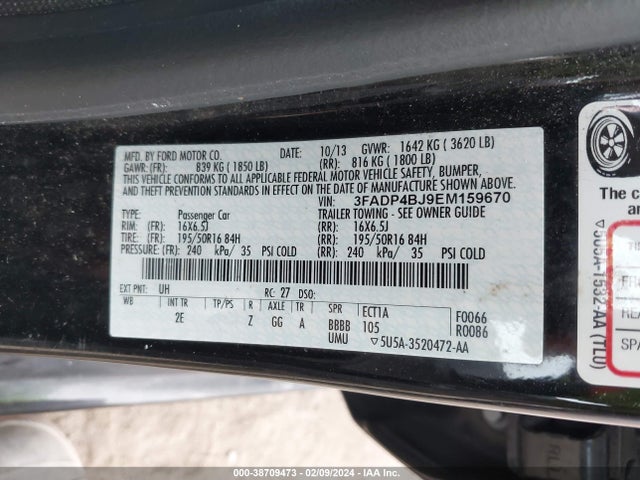 2014 FORD FIESTA SE VIN: 3FADP4BJ9EM159670
