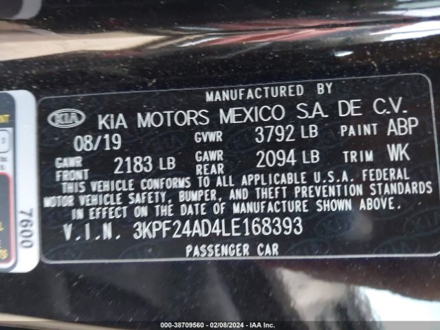 3KPF24AD4LE168393 KIA FORTE FE