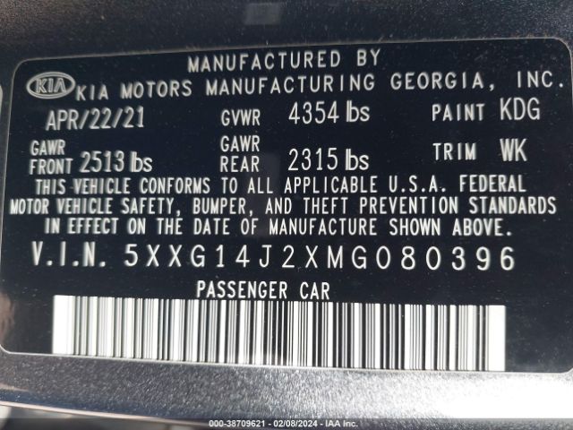 5XXG14J2XMG080396 KIA K5 LXS