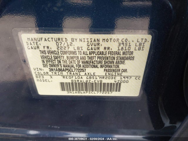 2012 NISSAN SENTRA 2.0 VIN: 3N1AB6AP5CL772257