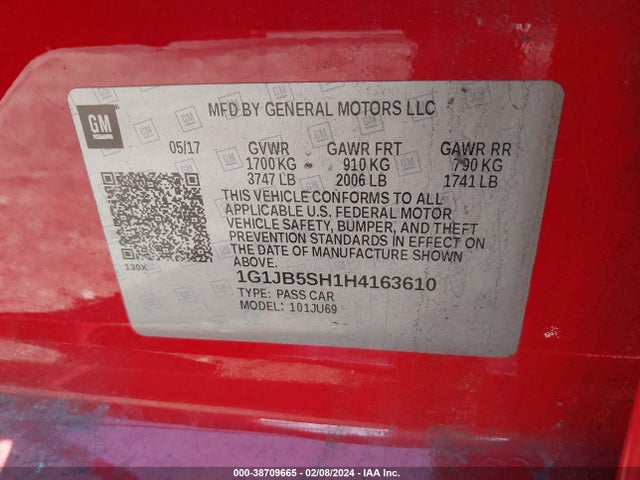 Chevrolet SONIC LS 2017 1G1JB5SH1H4163610 Image 9