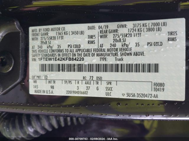 1FTEW1E42KFB84220 Ford F-150 Platinum