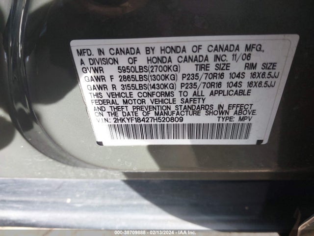 2007 HONDA PILOT EX VIN: 2HKYF18427H520809