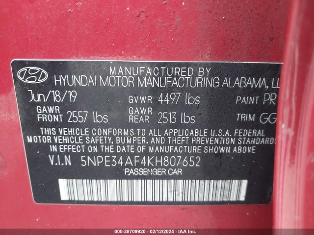 Hyundai SONATA SEL 2019 5NPE34AF4KH807652 Image 9