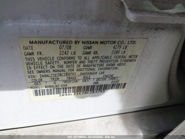 2008 NISSAN ALTIMA 2.5 S VIN: 1N4AL21E28C283793