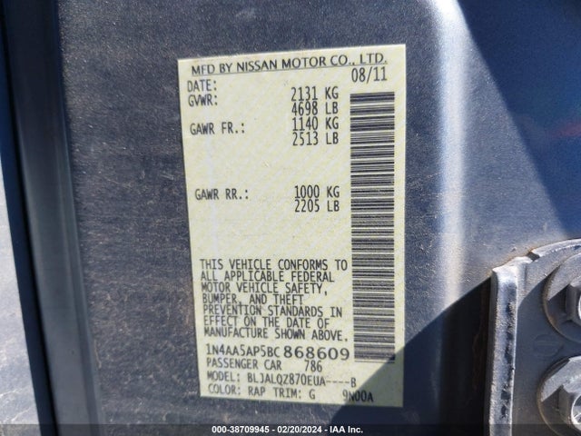 2011 NISSAN MAXIMA 3.5 S VIN: 1N4AA5AP5BC868609