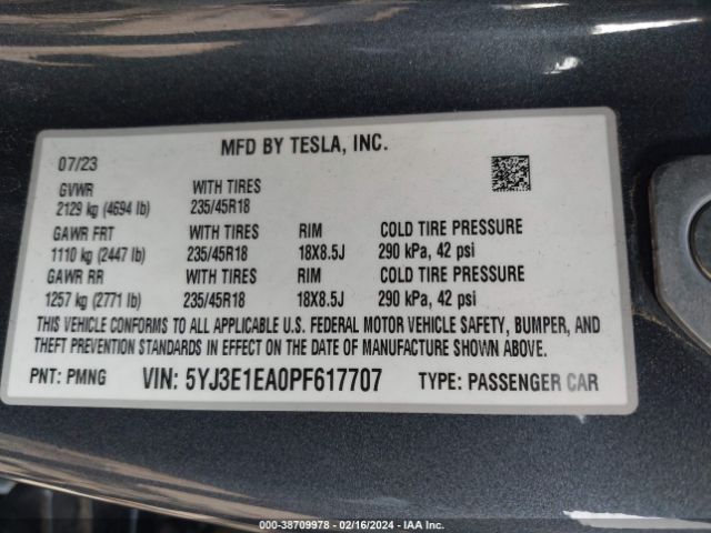 5YJ3E1EA0PF617707 Tesla Model 3 Rear-wheel Drive