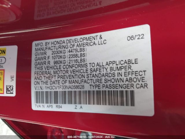 1HGCV1F33NA058628 Honda Accord Sport