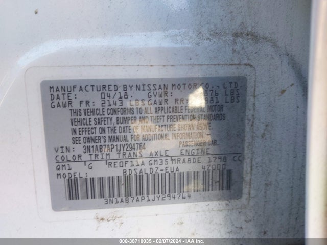 Nissan SENTRA SV 2018 3N1AB7AP1JY294764 Image 9