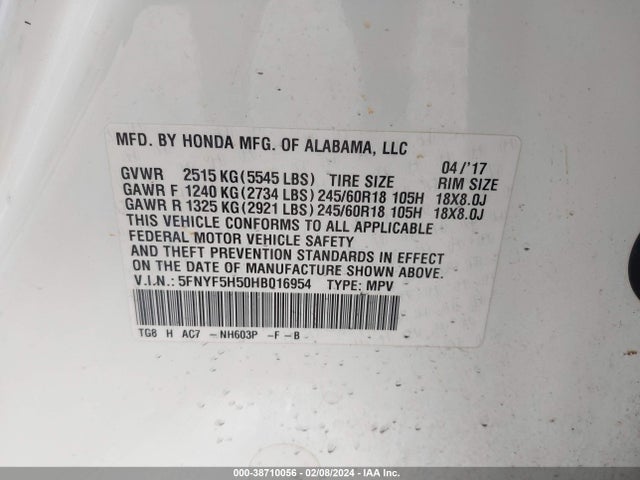 Honda Pilot Ex-l 2017 5FNYF5H50HB016954 Image 9