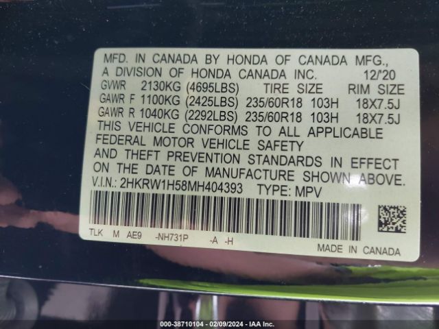 2HKRW1H58MH404393 Honda Cr-v 2wd Ex