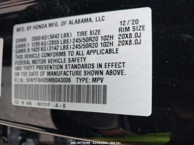 Honda Pilot Awd Elite 2021 5FNYF6H05MB043006 Image 9