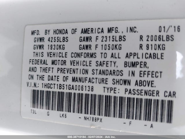Honda ACCORD EX 2016 1HGCT1B51GA006138 Image 9