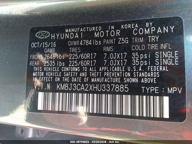 Hyundai Tucson Eco 2017 KM8J3CA2XHU337885 Image 9