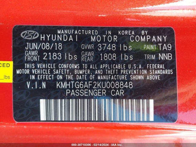 2019 HYUNDAI VELOSTER 2.0 PREMIUM VIN: KMHTG6AF2KU008848