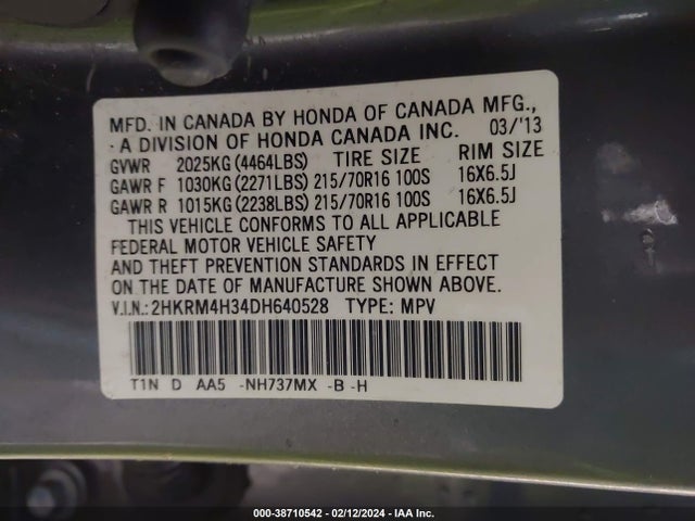 2013 HONDA CR-V LX VIN: 2HKRM4H34DH640528