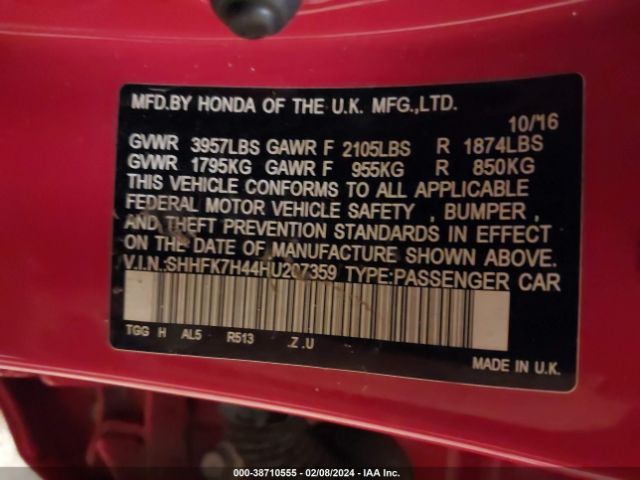 SHHFK7H44HU207359 Honda Civic Sport