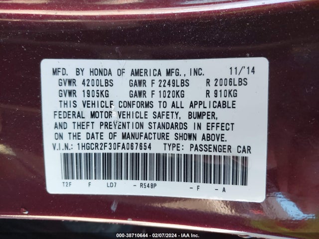 Honda ACCORD LX 2015 1HGCR2F30FA067654 Image 9