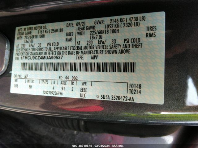 1FMCU9CZ4MUA90537 Ford Escape Sel Hybrid