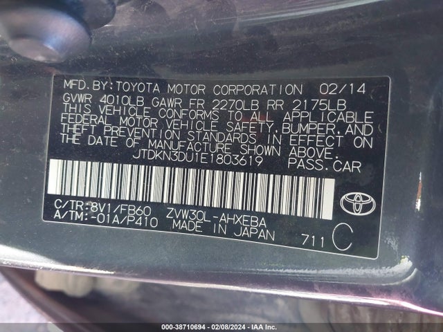Toyota Prius Two 2014 JTDKN3DU1E1803619 Image 9