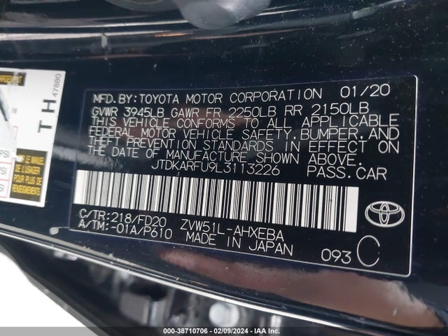 Toyota Prius Le 2020 JTDKARFU9L3113226 Image 9