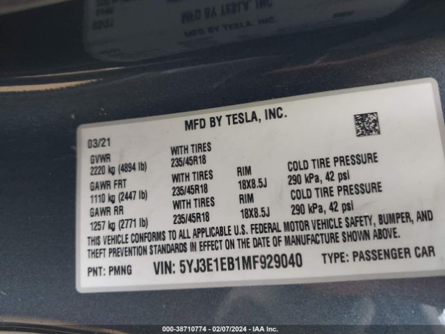 5YJ3E1EB1MF929040 Tesla Model 3 Long Range Dual Motor All-wheel Drive