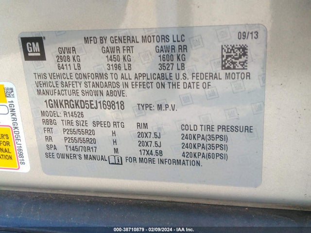 Chevrolet Traverse 1lt 2014 1GNKRGKD5EJ169818 Image 9