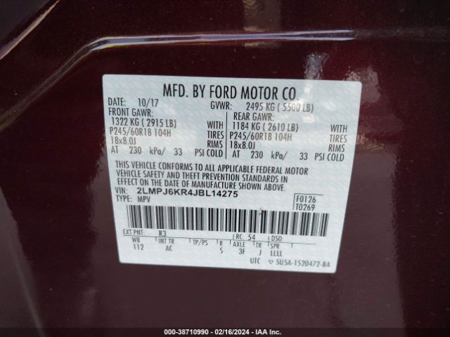 2LMPJ6KR4JBL14275 Lincoln Mkx Select