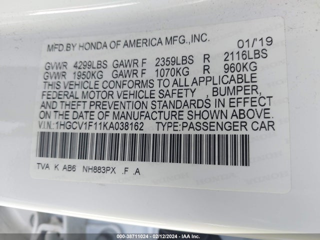 Honda ACCORD LX 2019 1HGCV1F11KA038162 Image 9