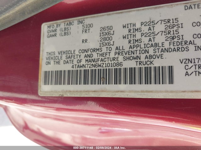 1998 TOYOTA TACOMA BASE V6 VIN: 4TAWN72N6WZ101086
