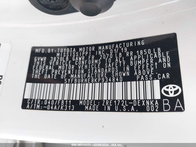 Toyota COROLLA LE 2019 5YFBURHE8KP934840 Image 9
