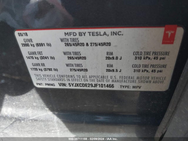 5YJXCDE29JF101466 Tesla Model X 100d/75d/p100d