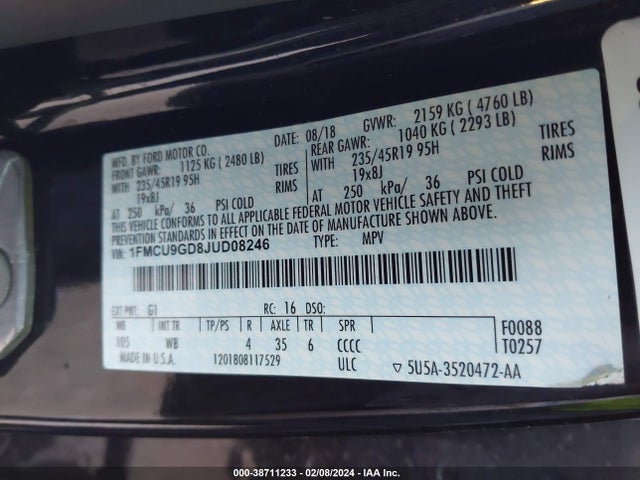 1FMCU9GD8JUD08246 Ford ESCAPE SE