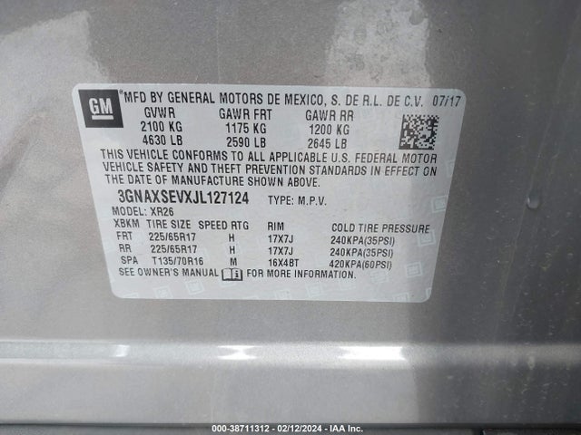 Chevrolet EQUINOX LT 2018 3GNAXSEVXJL127124 Image 9