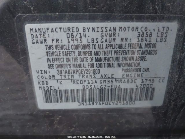 3N1AB7AP0EY291800 Nissan SENTRA SL