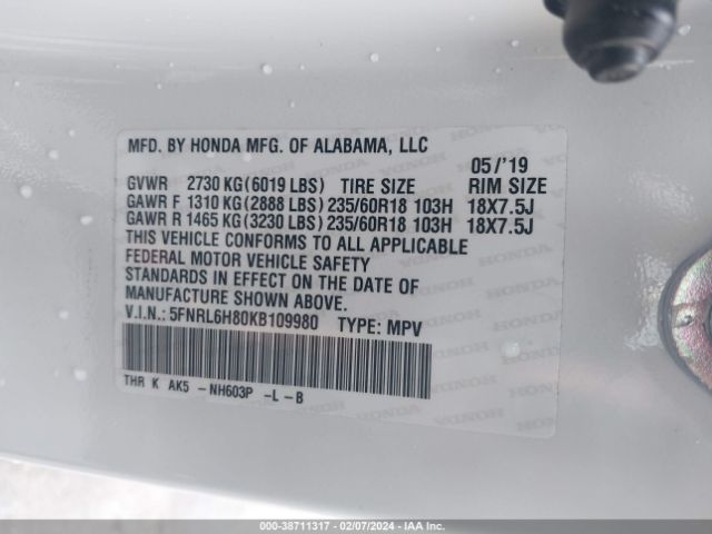 5FNRL6H80KB109980 Honda Odyssey Touring
