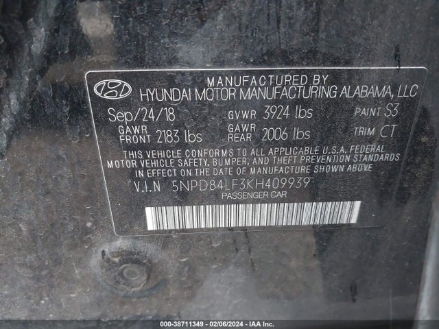 2019 HYUNDAI ELANTRA VALUE EDITION VIN: 5NPD84LF3KH409939