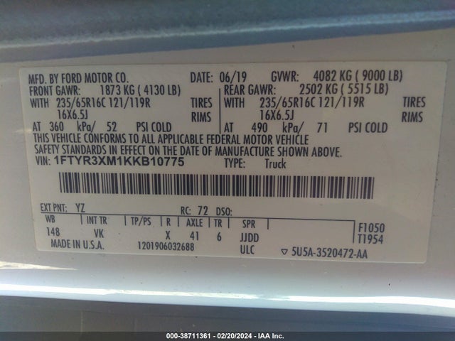 Ford Transit-250 2019 1FTYR3XM1KKB10775 Image 9