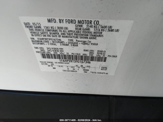 Ford TAURUS SHO 2015 1FAHP2KT3FG167346 Image 9