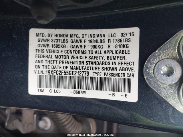 Honda Civic Lx 2016 19XFC2F55GE212779 Image 9