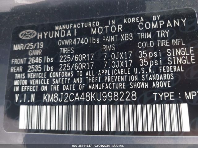 2019 HYUNDAI TUCSON KM8J2CA48KU998228 Photo 8