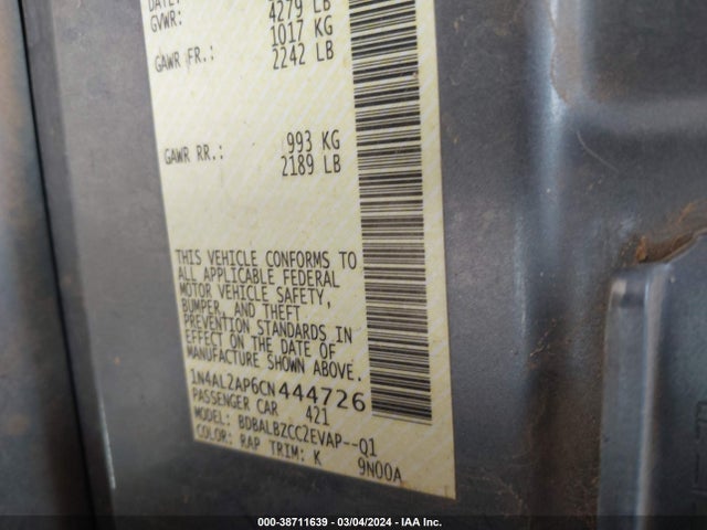 2012 NISSAN ALTIMA 2.5 S VIN: 1N4AL2AP6CN444726