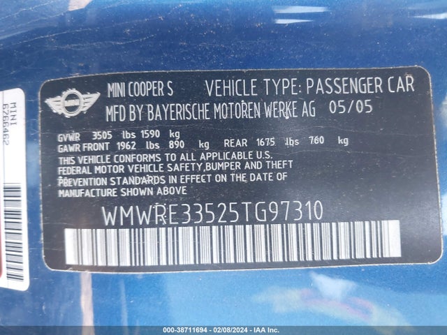 2005 MINI COOPER S WMWRE33525TG97310 Photo 8