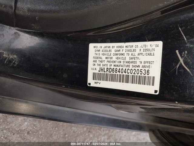 38711747 :رقم المزاد ، JHLRD68404C020536 vin ، 2004 Honda Cr-v Lx مزاد بيع