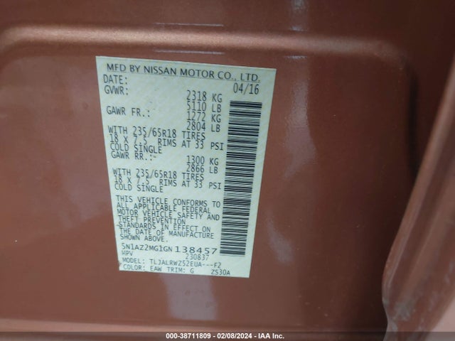 Nissan MURANO SL 2016 5N1AZ2MG1GN138457 Image 9