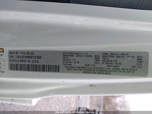 1C4HJXEN8MW731520 Jeep Wrangler Unlimited Sahara Altitude 4x4
